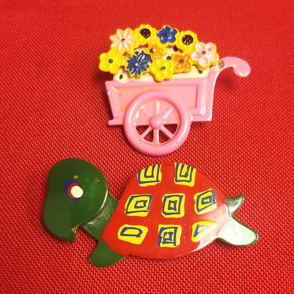 Vintage Turtle Flower Wheelbarrow Cart Pin Brooch